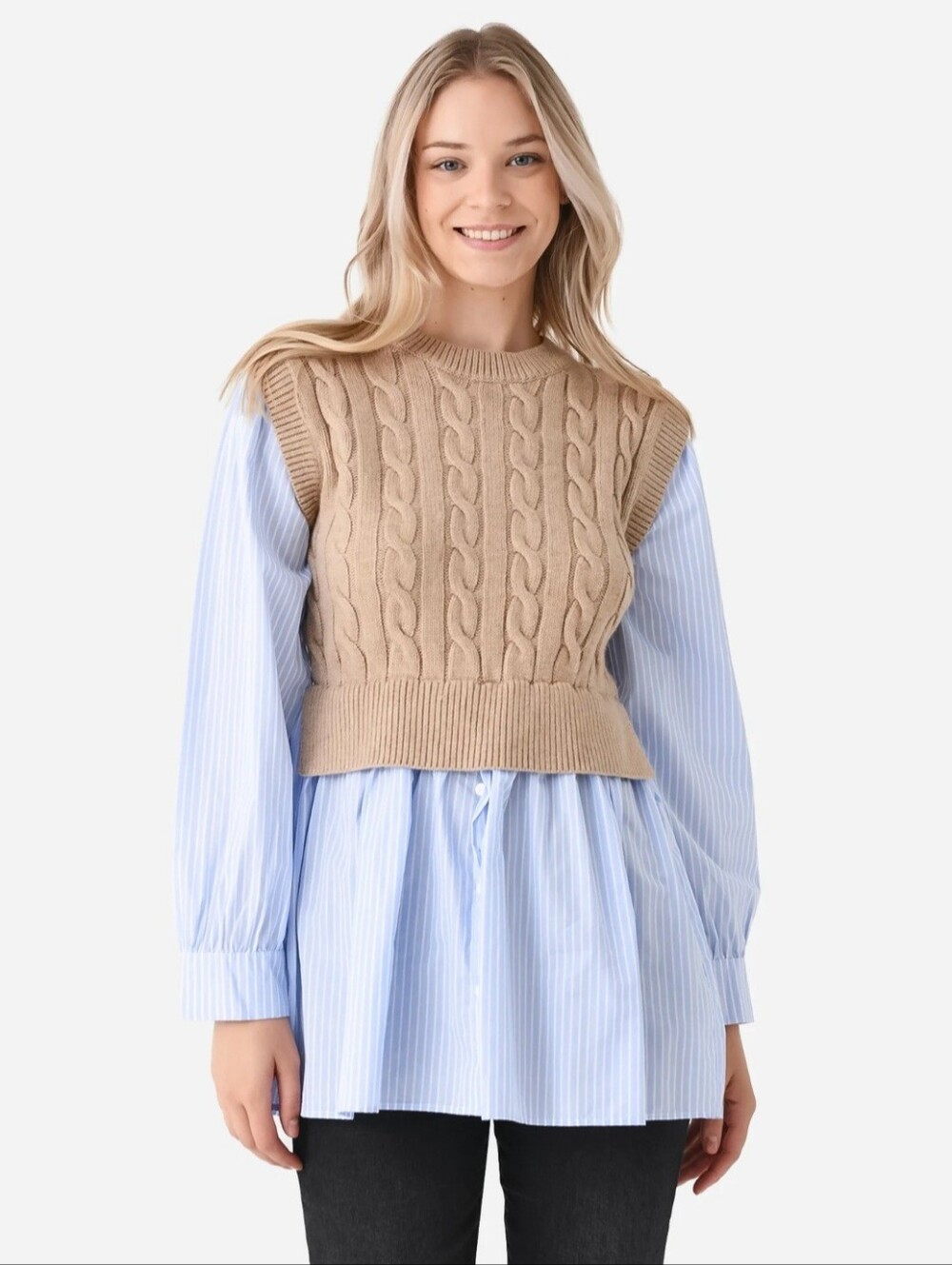 English Factory | Cable Knit Long Striped Shirt Cropped Vest Sweater - Beige